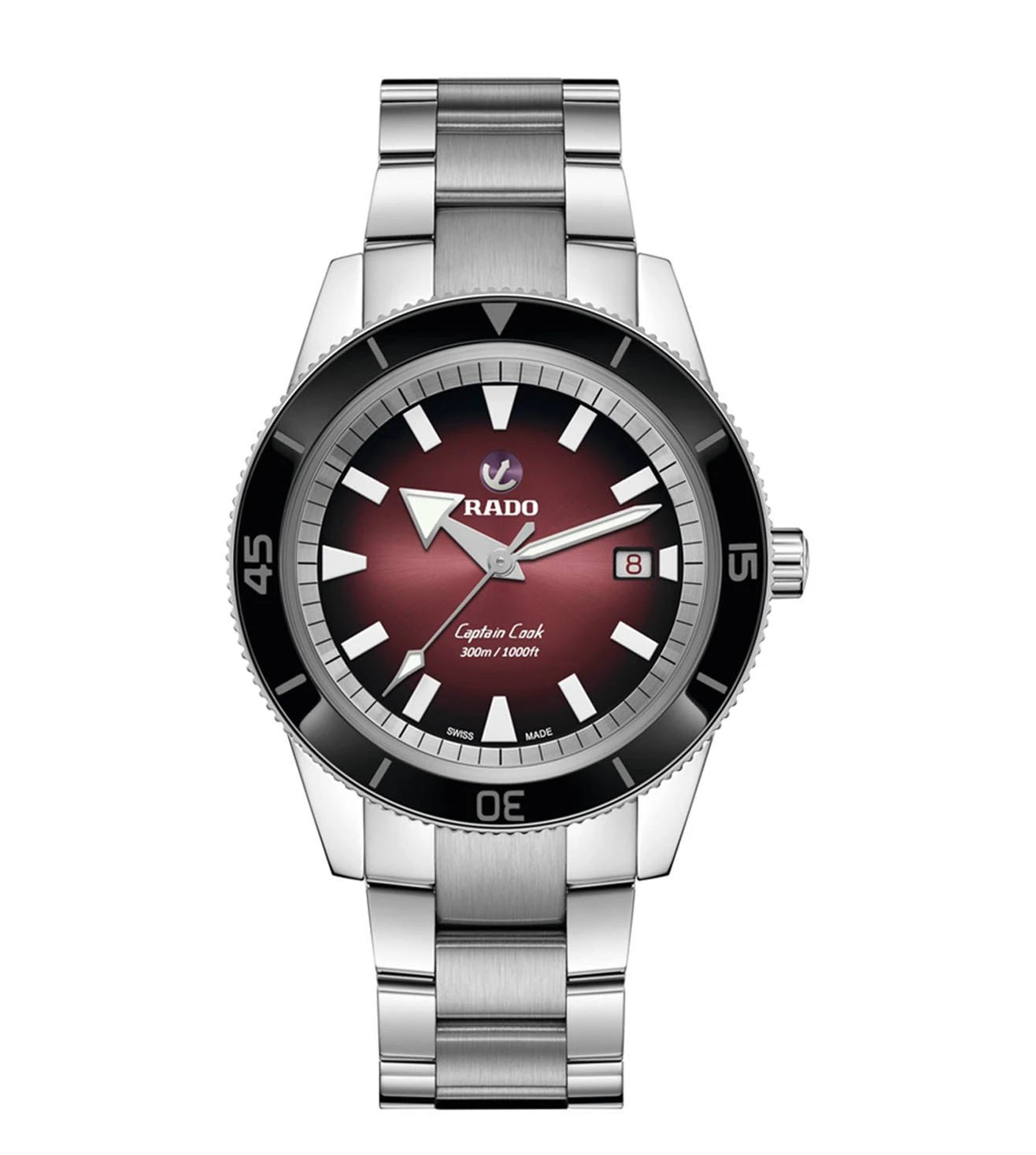 A Rado Captain Cook Automatic watch with a dark red dial, black rotating bezel, and a stainless steel bracelet.