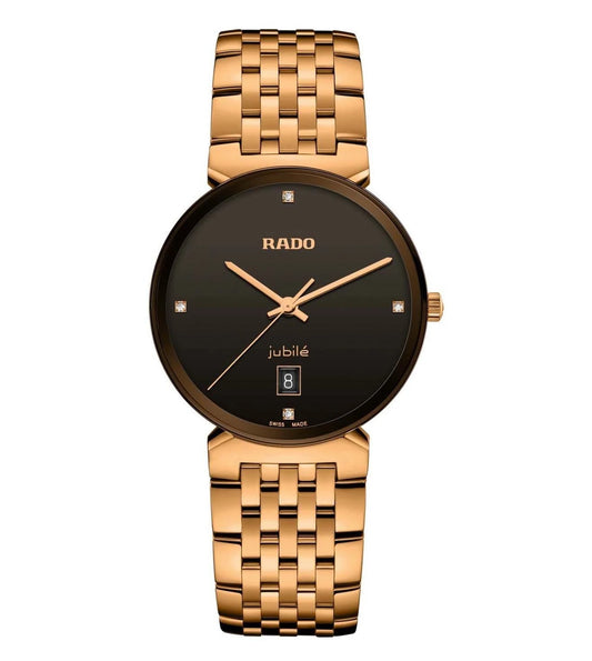 A Rado Florence Classic Diamonds unisex watch with a rose gold bracelet and a black dial featuring four diamonds as hour markers and a date display.