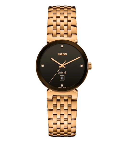 A Rado Florence Classic Diamonds watch with a black dial and rose gold metallic bracelet.