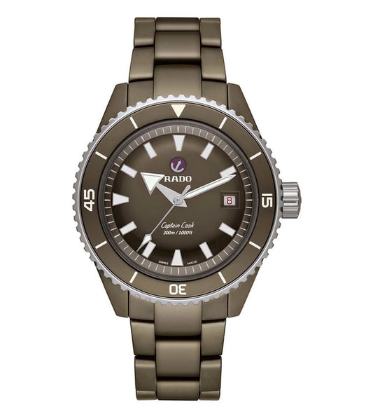A RADO Captain Cook analog watch with a matte olive-green high-tech ceramic bracelet and dial, accompanied by a stainless steel rotating bezel.