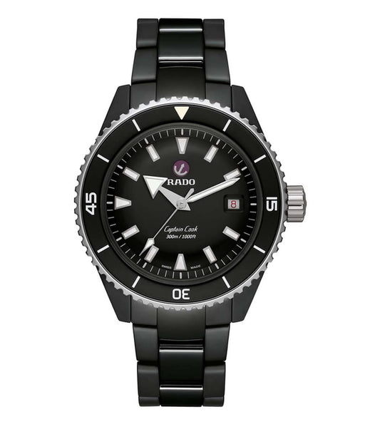 A black Rado Captain Cook High-Tech Ceramic Diver watch with a black lacquered dial, polished stainless steel rotating bezel, and a black high-tech ceramic bracelet.