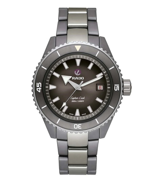A Rado Captain Cook analog watch for men with a gray lacquered dial, polished stainless steel bezel, and a matte plasma high-tech ceramic bracelet.
