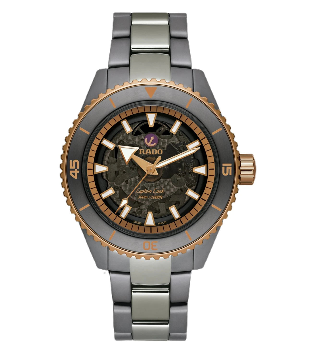 RADO Captain Cook Hrithik Roshan Special Edition Analog Watch for Men with a black dial, rose gold PVD coated stainless steel bezel, and a matte plasma high-tech ceramic bracelet.