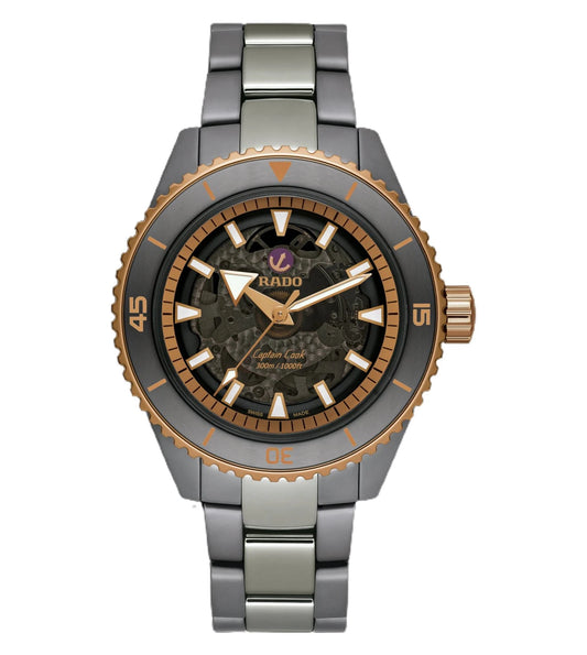 RADO Captain Cook Hrithik Roshan Special Edition Analog Watch for Men with a black dial, rose gold PVD coated stainless steel bezel, and a matte plasma high-tech ceramic bracelet.