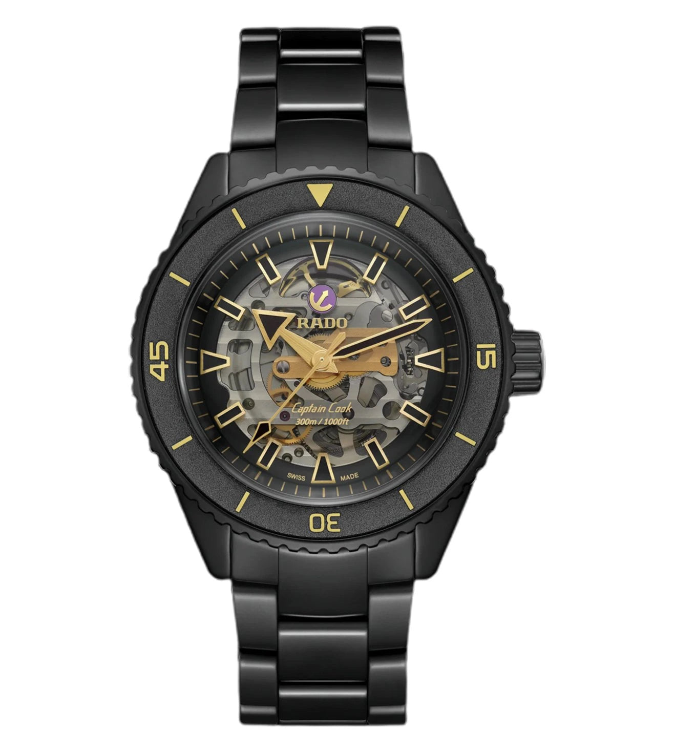 A black RADO Captain Cook automatic watch with a skeleton dial and high-tech ceramic bracelet.