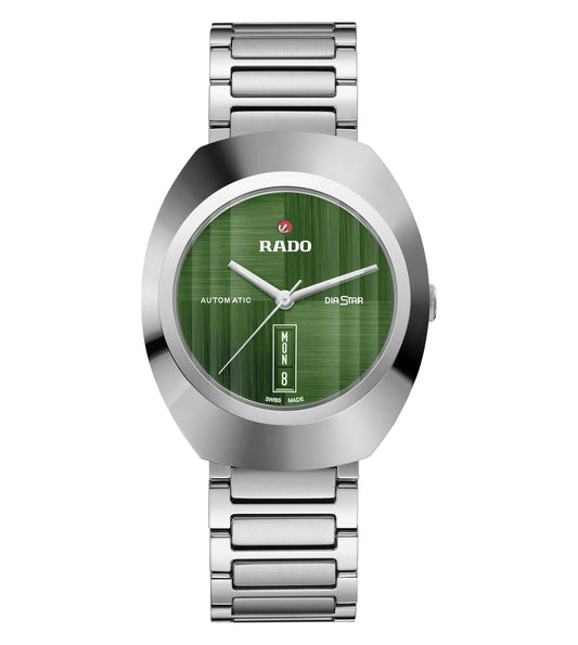 A Rado DiaStar Original Automatic Unisex Watch with a green brushed dial, rhodium colored hands, a day date display, and a stainless steel bracelet.