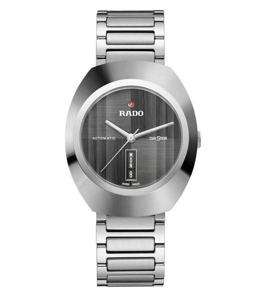 A Rado DiaStar Original Automatic Unisex Watch with a silver stainless steel bracelet and matching case, featuring a dark grey brushed dial and rhodium coloured hands.