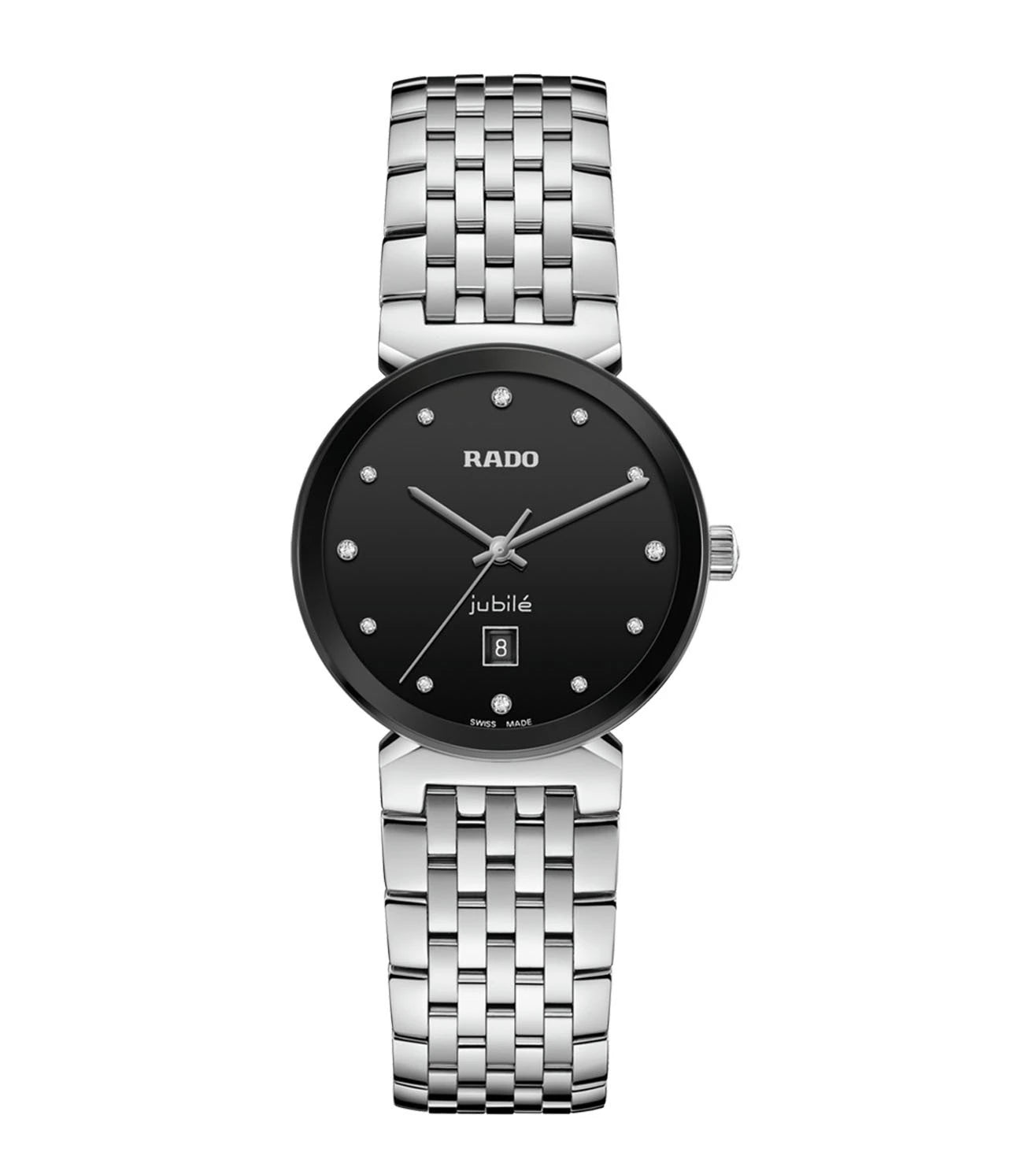 A Rado Florence Classic Diamonds watch for women with a black sunray dial, 12 diamonds on the bezel, a printed 'jubilé' logo, rhodium-coloured hands, and a stainless steel bracelet.