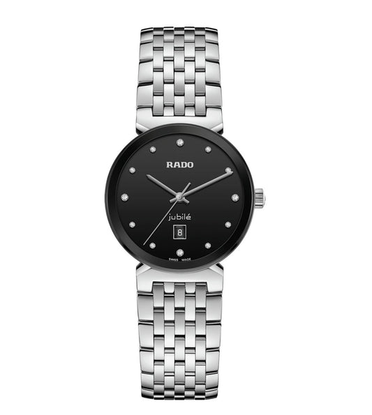 A Rado Florence Classic Diamonds watch for women with a black sunray dial, 12 diamonds on the bezel, a printed 'jubilΓ©' logo, rhodium-coloured hands, and a stainless steel bracelet.