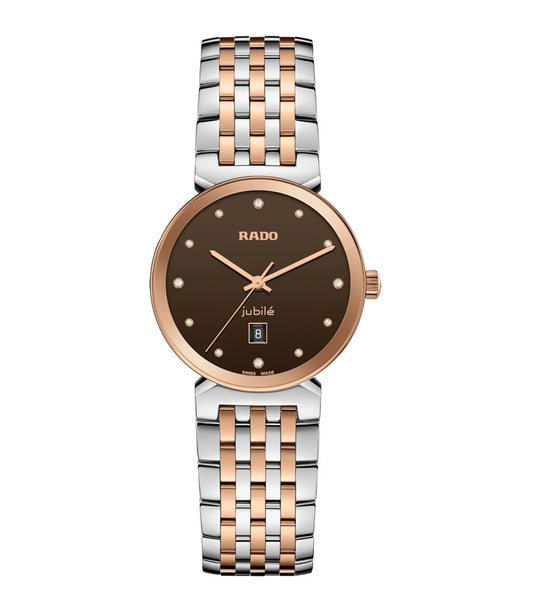 A Rado Florence Classic Diamonds watch for women with a brown sunray dial, rose gold-coloured hands, and a stainless steel bracelet with rose gold-coloured links.
