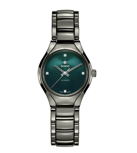 A Rado New True Diamonds Automatic Watch for Women with a petrol blue dial and a metallic bracelet.