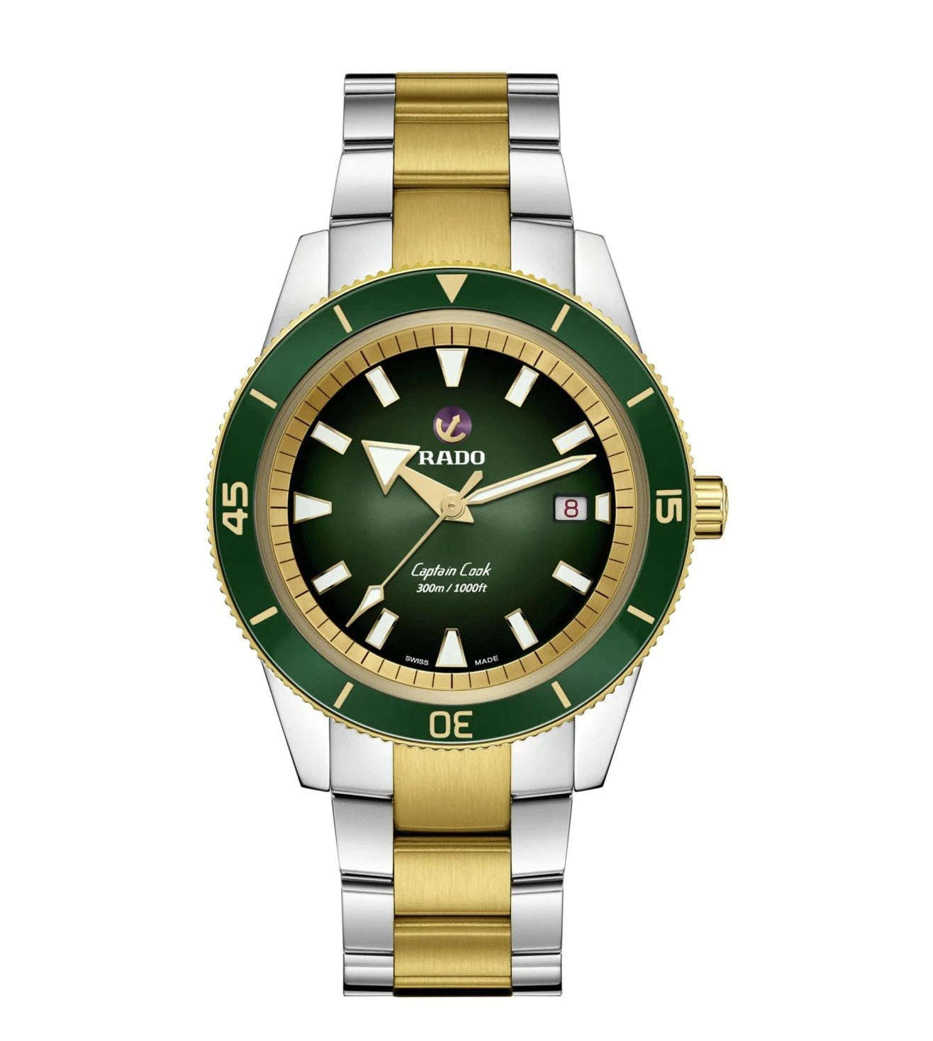 A Rado Captain Cook Automatic watch with a green-to-black gradient dial, rose-goldicolored hands and indexes, and a stainless-steel bracelet with yellow-gold-coloured middle links.