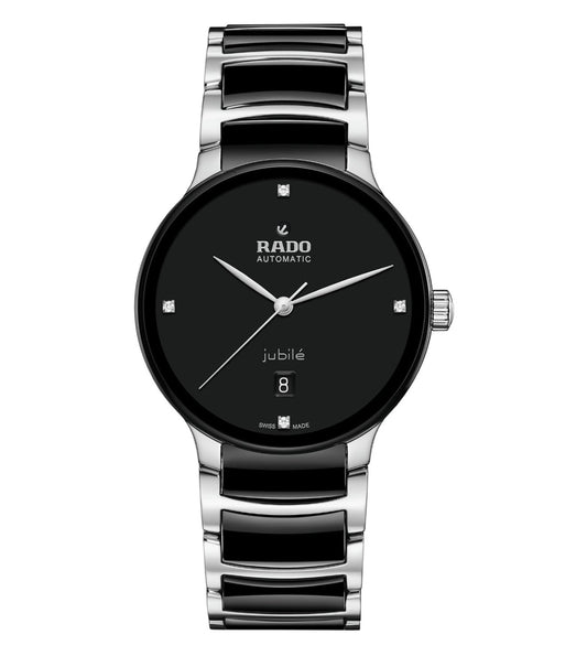 A Rado Centrix Automatic Diamond Unisex Watch with a black lacquered dial, stainless steel bracelet, and diamond accents.