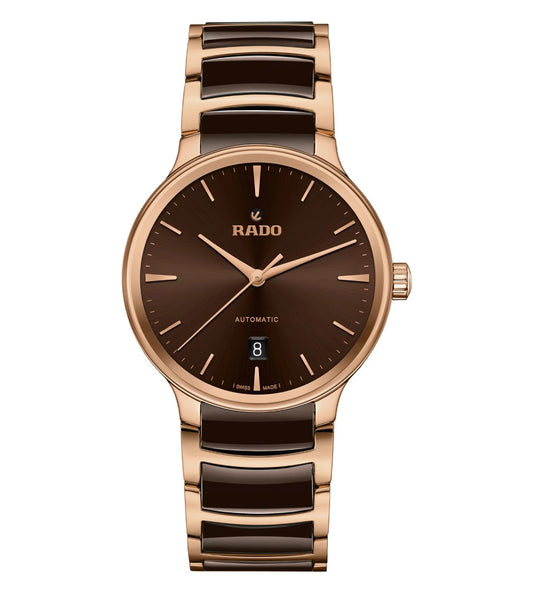 A Rado Centrix Automatic Unisex Watch with a brown dial, rose-gold-coloured hands and indexes, and a two-tone bracelet with polished rose-gold-coated links and brown high-tech ceramic middle links.