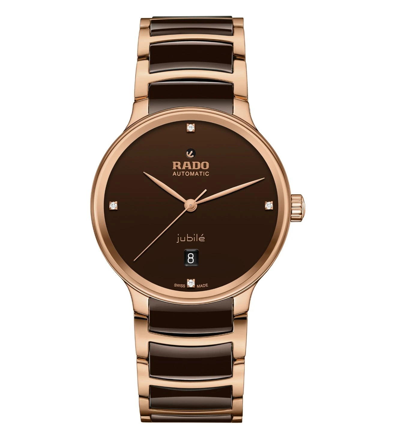 A Rado Centrix Automatic Unisex Watch with a brown dial, rose-gold-coloured hands, and a bracelet made of polished rose-gold-coloured PVD-coated stainless steel with brown high-tech ceramic middle links.