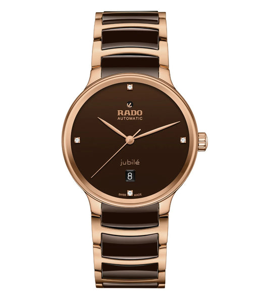 A Rado Centrix Automatic Unisex Watch with a brown dial, rose-gold-coloured hands, and a bracelet made of polished rose-gold-coloured PVD-coated stainless steel with brown high-tech ceramic middle links.