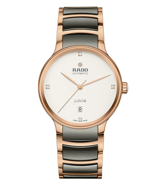 A Rado Centrix Automatic Diamond Unisex Watch with a silver dial, rose gold-colored hands, and a two-tone bracelet with a mix of black and rose gold links.