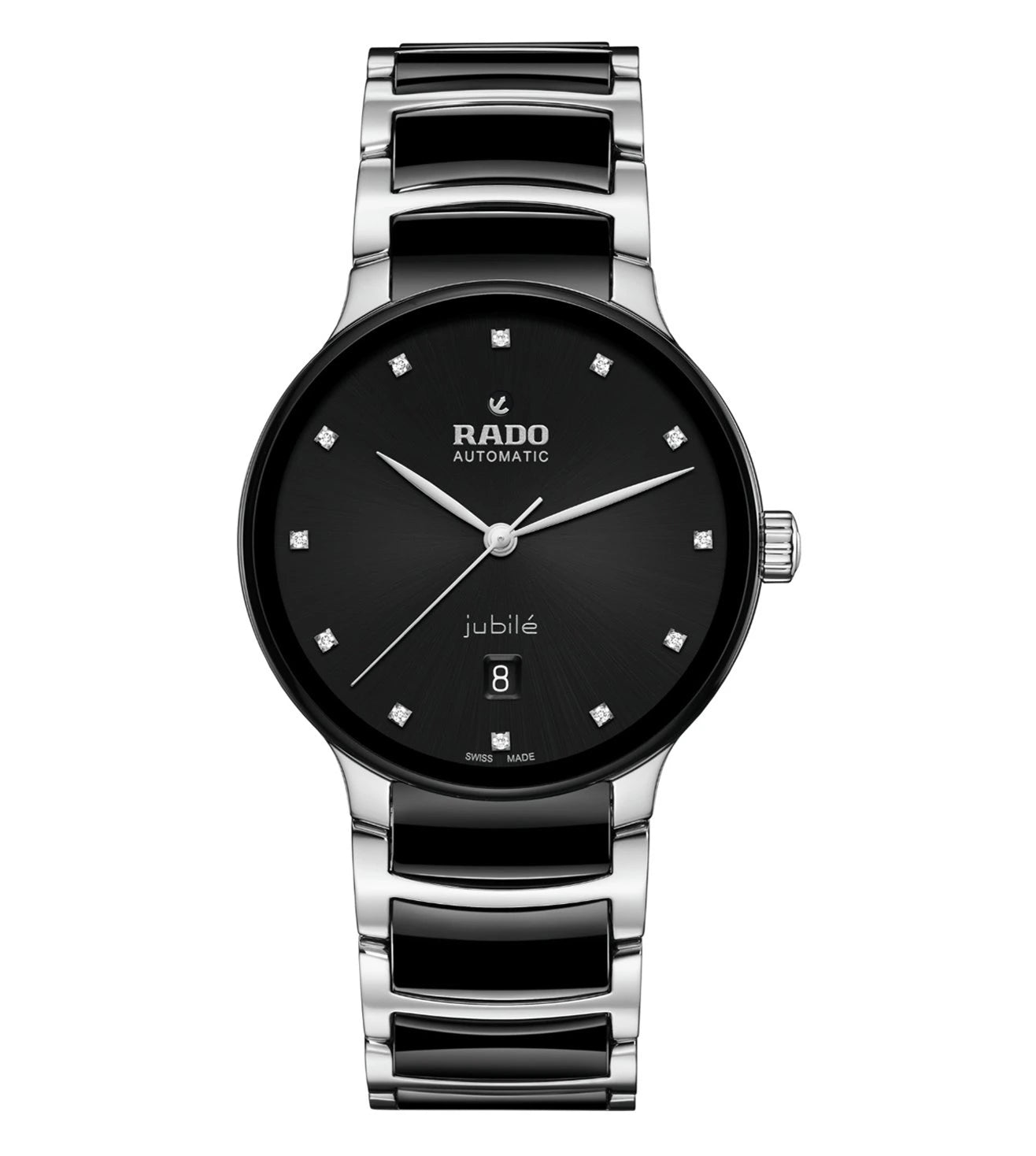 A Rado Centrix Automatic Unisex Watch with a black sunray dial, decorated with 12 diamonds, and a black high-tech ceramic bracelet.