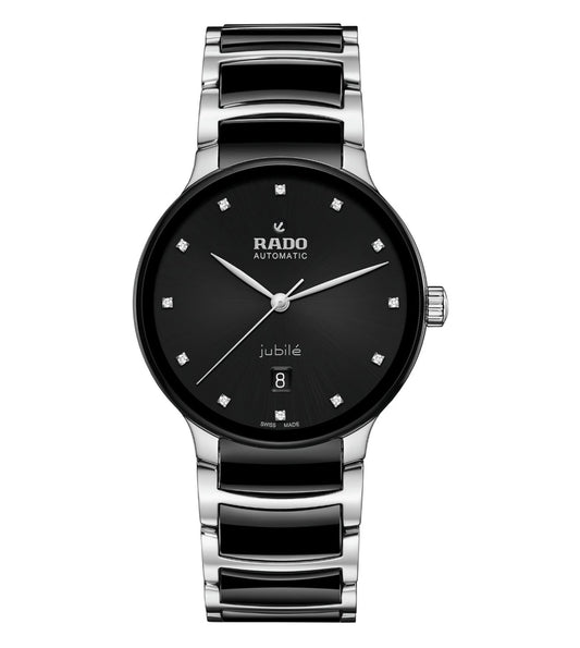 A Rado Centrix Automatic Unisex Watch with a black sunray dial, decorated with 12 diamonds, and a black high-tech ceramic bracelet.