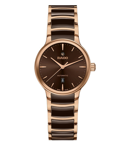 A Rado Centrix Automatic watch for women with a brown sunray dial, rose-gold-coloured hands, and a curved sapphire crystal.