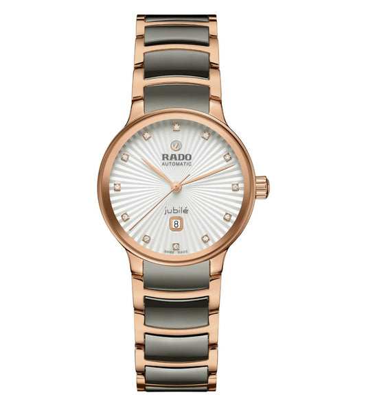 A Rado Centrix Automatic watch for women with a silver-white dial, rose gold-colored PVD-coated bracelet, and a curved sapphire crystal.