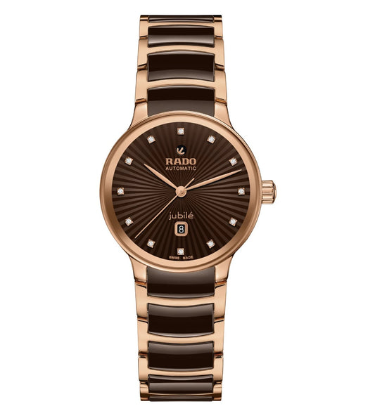 A Rado Centrix Automatic Diamonds watch for women with a brown dial and a rose-gold-coloured bracelet.