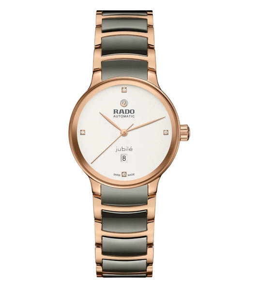 A Rado Centrix Automatic watch for women with a silver lacquered dial, rose-gold-coloured hands, and a bracelet made of polished rose-gold-coloured PVD-coated stainless steel with plasma high-tech ceramic middle links.