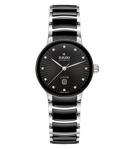 A Rado Centrix Automatic Diamonds unisex watch with a black dial, stainless steel bracelet, and black high-tech ceramic links.