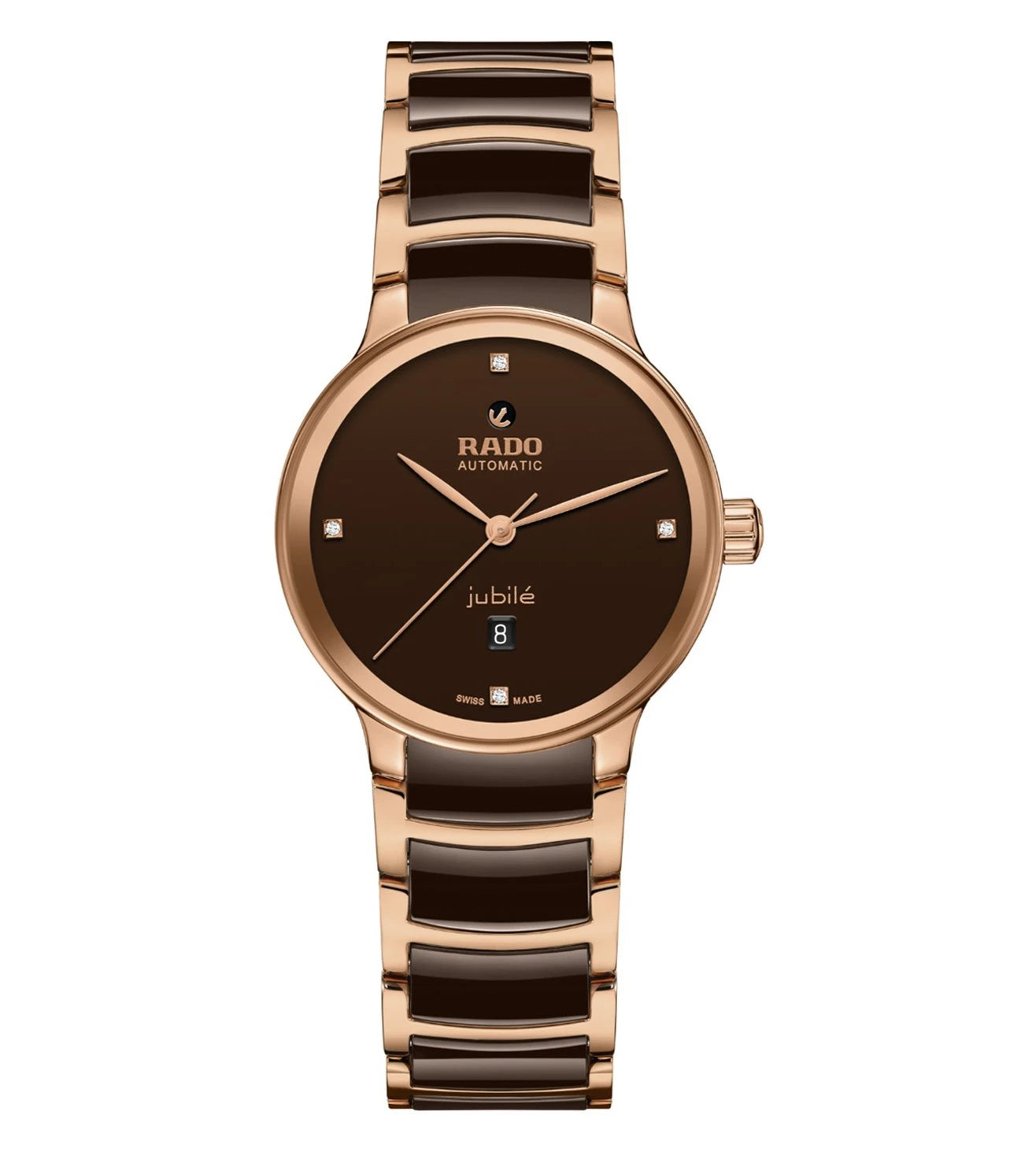 A Rado Centrix Automatic watch for women with a brown dial and rose-gold-coloured bracelet.