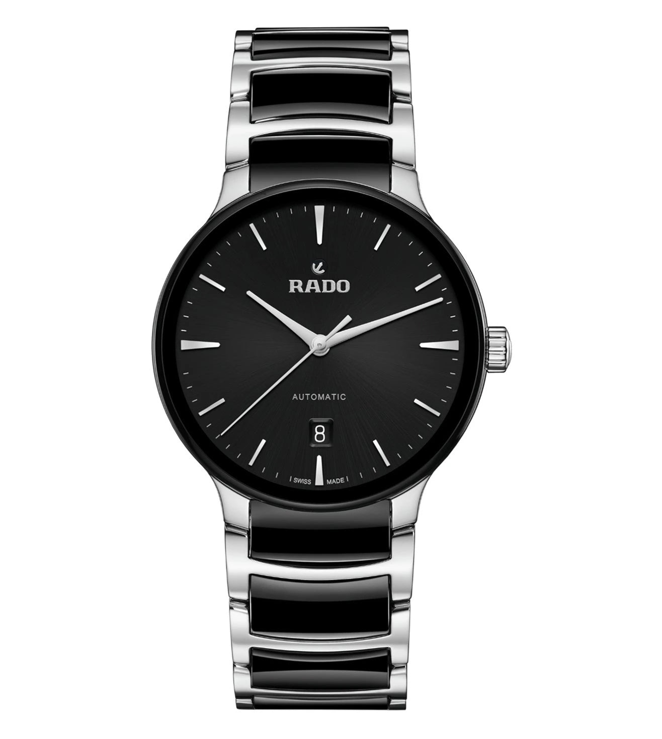 A Rado Centrix Automatic unisex watch with a black sunray dial, rhodium-colored hands, and a stainless steel bracelet with black high-tech ceramic middle links.