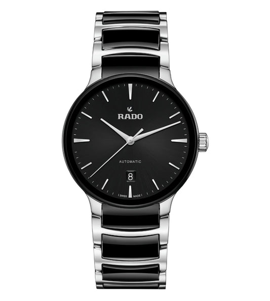A Rado Centrix Automatic unisex watch with a black sunray dial, rhodium-colored hands, and a stainless steel bracelet with black high-tech ceramic middle links.