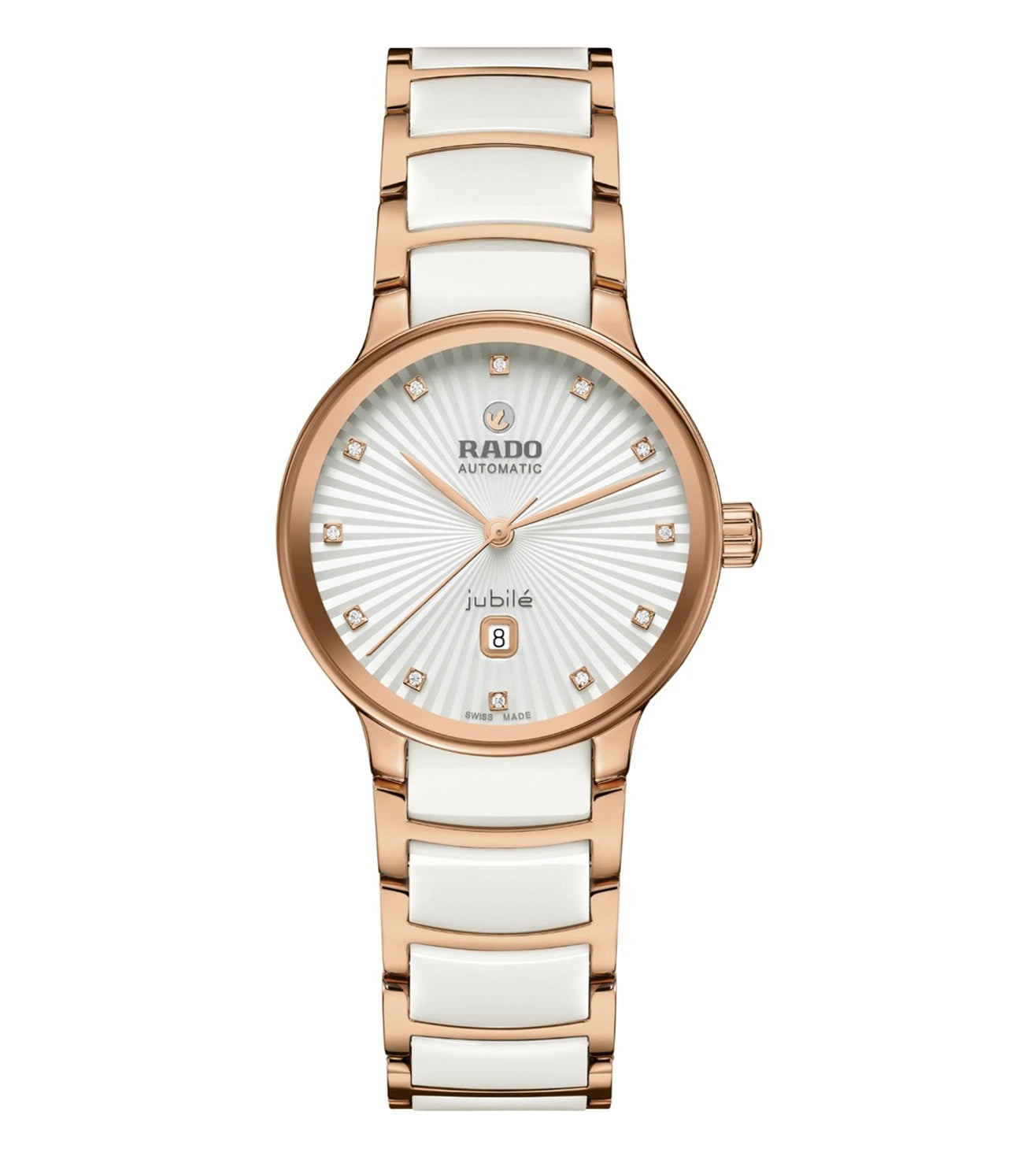 A Rado Centrix Automatic watch for women with a silver dial, rose gold case, and white ceramic strap.