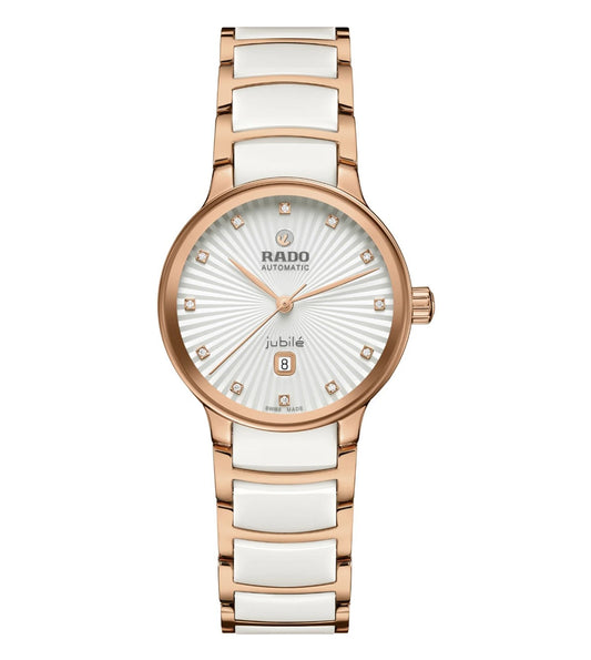 A Rado Centrix Automatic watch for women with a silver dial, rose gold case, and white ceramic strap.