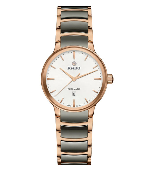 A Rado Centrix Automatic watch for women with a silver sunray dial, rose-gold-coloured hands, and a bracelet made of polished rose-gold-coloured PVD-coated stainless steel with plasma high-tech ceramic middle links.