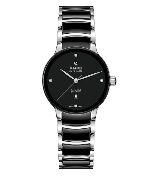 A Rado Centrix Automatic Diamonds unisex watch with a black lacquered dial, stainless steel bracelet, and diamond accents.