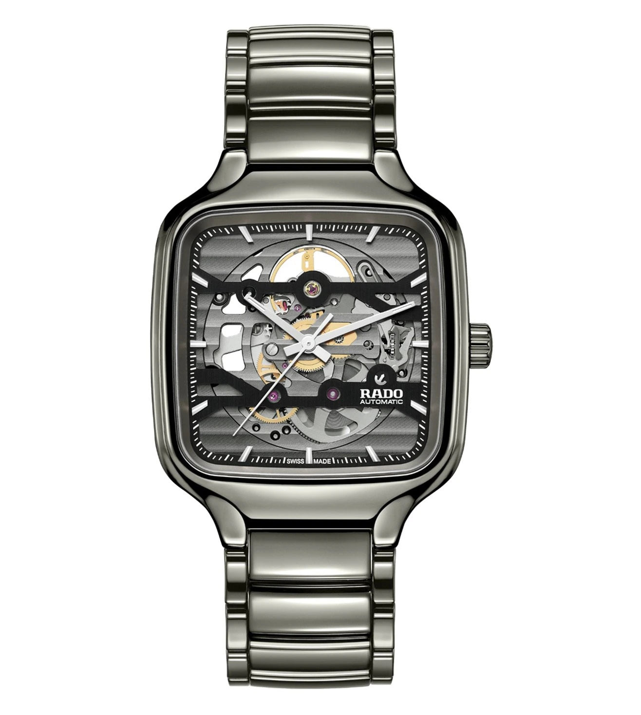 A Rado True Square Skeleton Automatic Unisex Watch with a silver-colored bracelet and a skeleton dial, showcasing the internal mechanism.