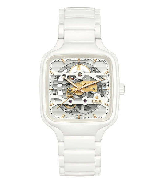 A white Rado True Square Skeleton Automatic unisex watch with a skeleton dial and a white bracelet.