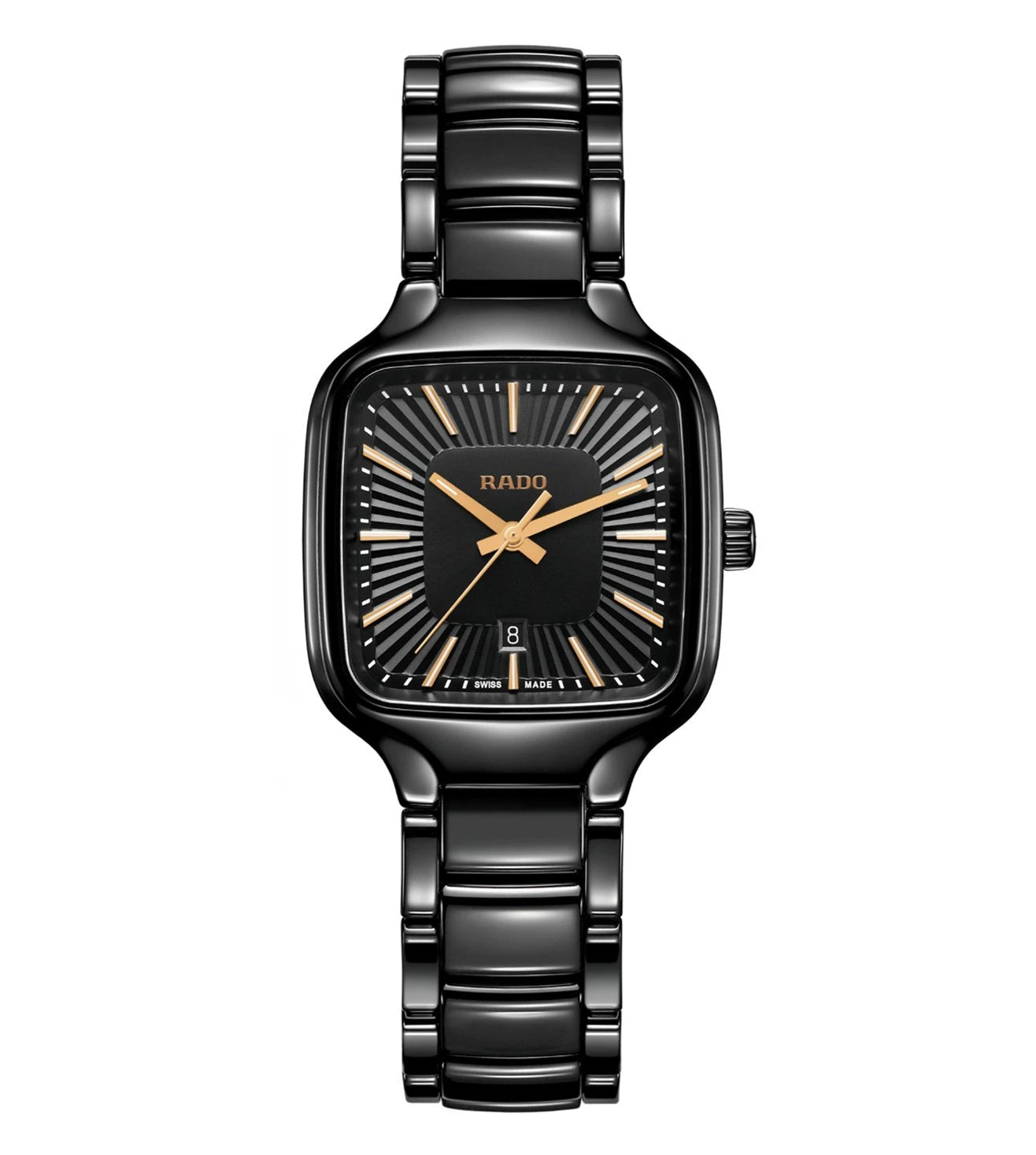 A black Rado True Square analog watch with rose gold colored hands and a flat sapphire crystal dial.