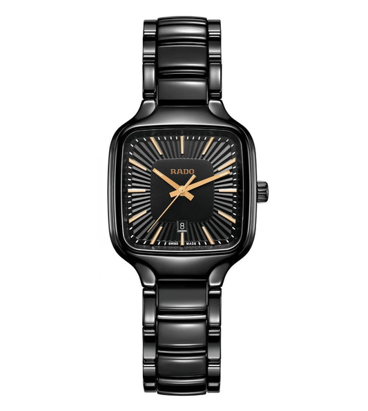A black Rado True Square analog watch with rose gold colored hands and a flat sapphire crystal dial.