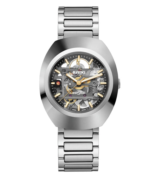 A Rado Diastar Original Automatic Unisex Watch with a silver bracelet and a skeleton dial visible through the case back.