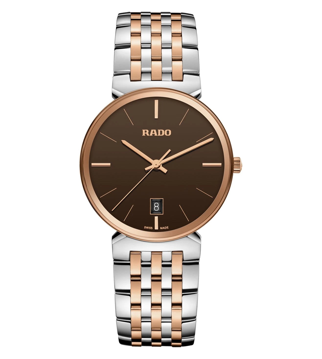 A Rado Florence Classic analog unisex watch with a brown sunray dial, rose gold-coloured hands, and a stainless steel bracelet with rose gold-coloured middle links.