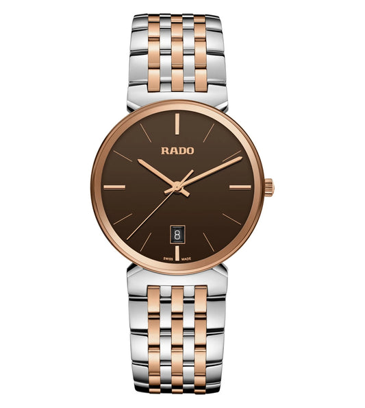 A Rado Florence Classic analog unisex watch with a brown sunray dial, rose gold-coloured hands, and a stainless steel bracelet with rose gold-coloured middle links.