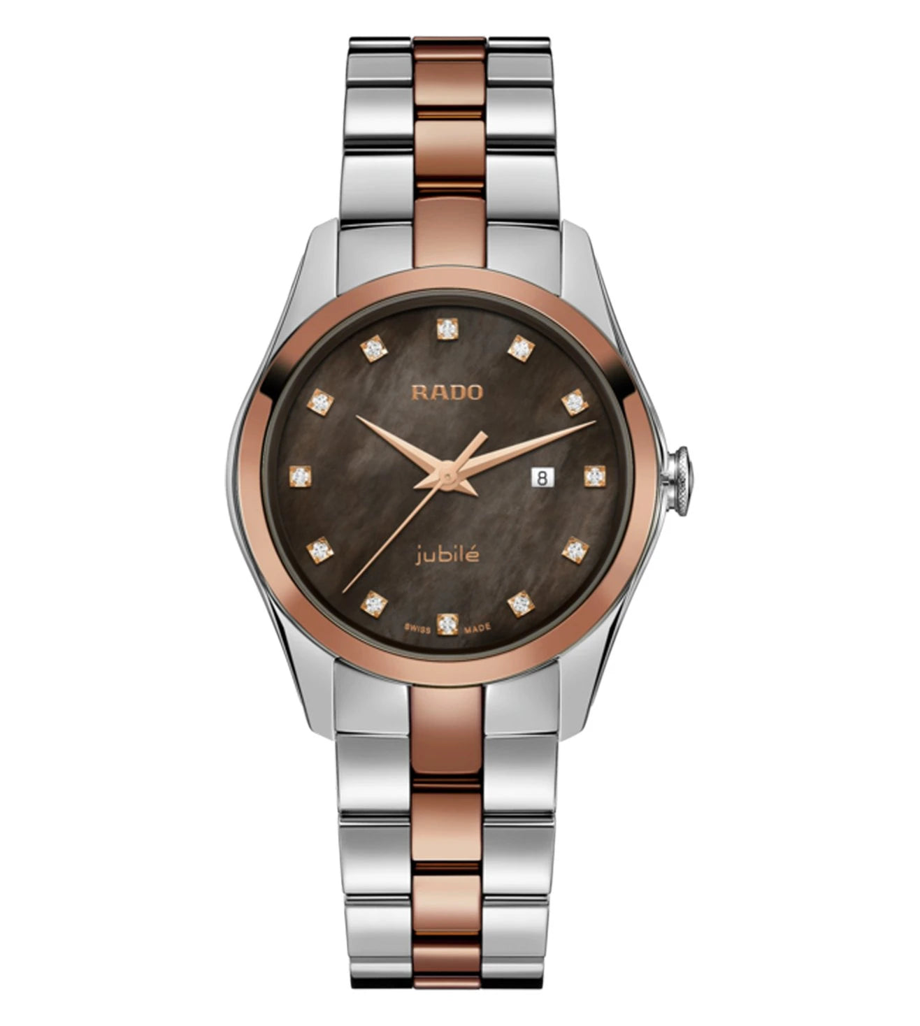 A Rado Hyperchrome analog watch for women with a rose gold colored bezel, a dark brown mother-of-pearl dial, and a two-tone stainless steel bracelet.
