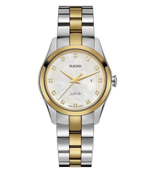 A Rado Hyperchrome analog watch for women with a silver stainless steel bracelet, a silver mother-of-pearl dial, and gold accents.