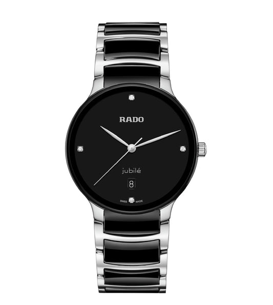 A RADO Centrix Diamonds Unisex Watch with a black lacquered dial, polished stainless steel bracelet, high-tech ceramic middle links, and four diamonds on the dial.