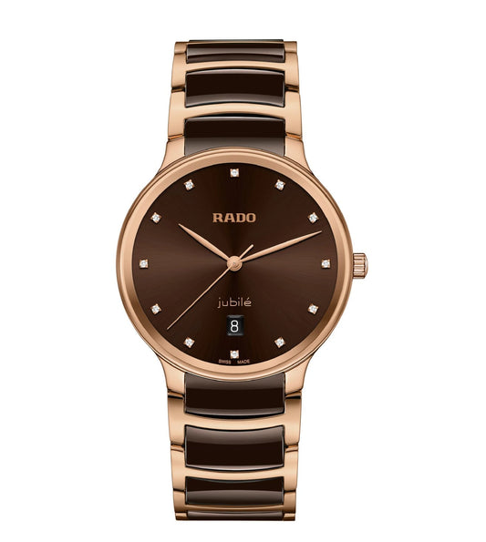 A Rado Centrix Diamonds unisex watch with a brown dial, rose gold-colored hands, and a bracelet made of polished rose gold-coated stainless steel with brown high-tech ceramic links.
