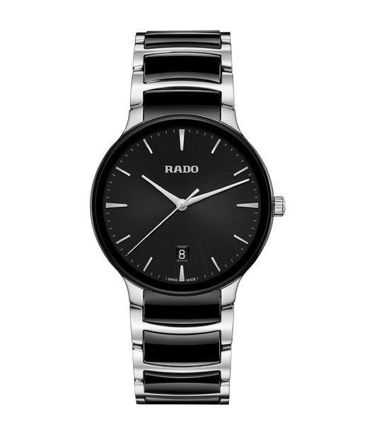 A Rado Centrix unisex watch with a black sunray dial, rhodium-colored applied indexes, and a stainless steel bracelet with black high-tech ceramic middle links.