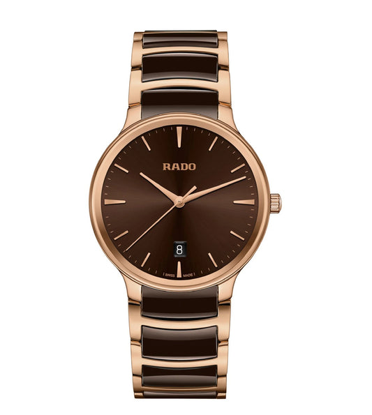 A RADO Centrix Unisex Watch with a brown sunray dial, rose gold-coloured hands, and a bracelet made of polished rose gold-coloured PVD-coated stainless steel with brown high-tech ceramic middle links.