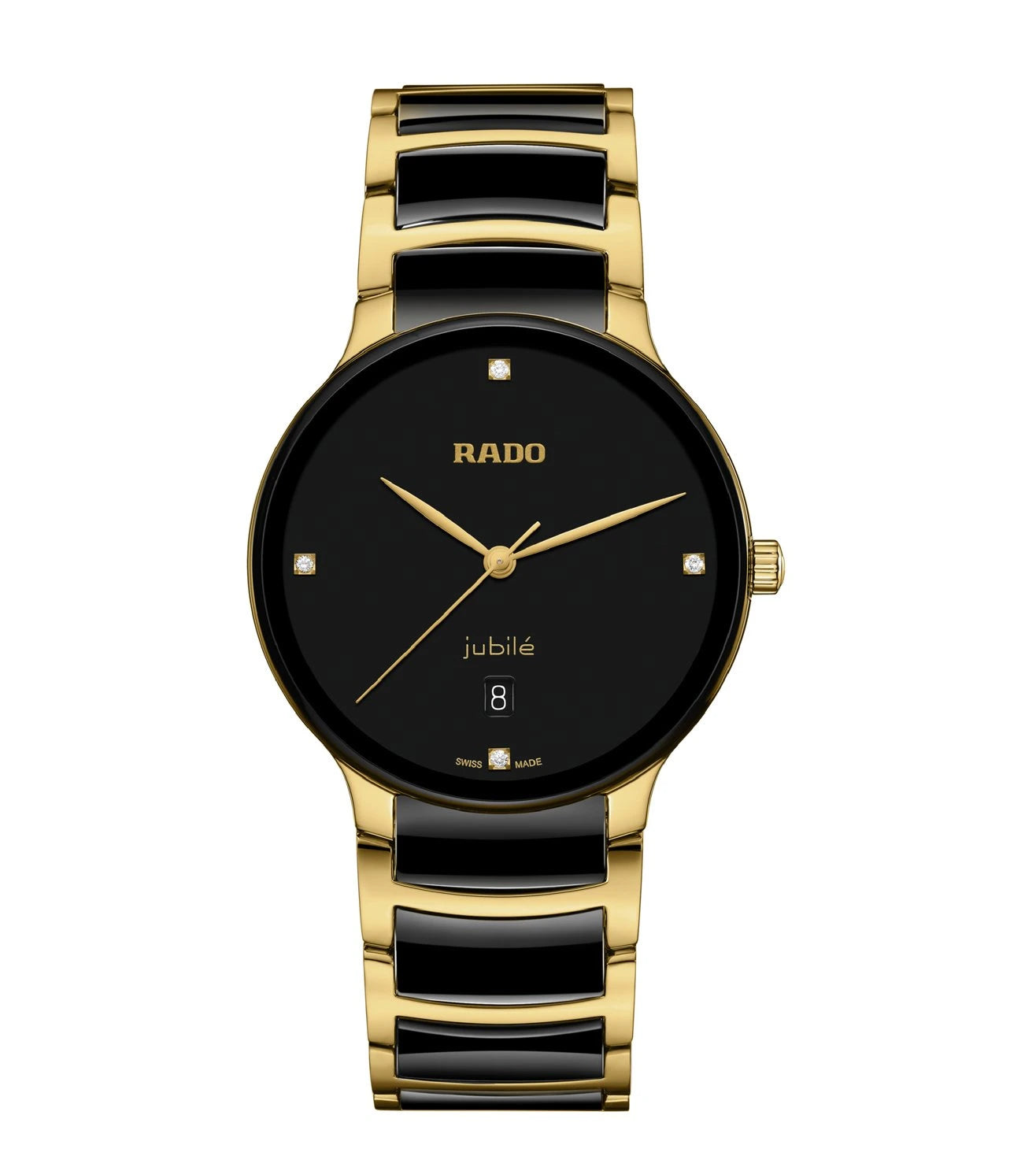 A RADO Centrix Diamonds unisex watch with a black lacquered dial, yellow gold-coloured hands, and a bracelet made of polished yellow gold-coated stainless steel with black high-tech ceramic middle links.