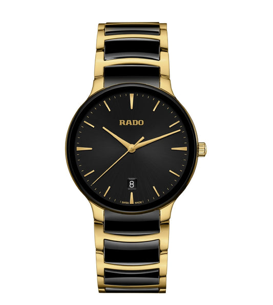 A Rado Centrix unisex watch with a black sunray dial, yellow gold-coloured hands and applied indexes, and a two-tone bracelet with polished yellow gold-coated stainless steel and black high-tech ceramic links.